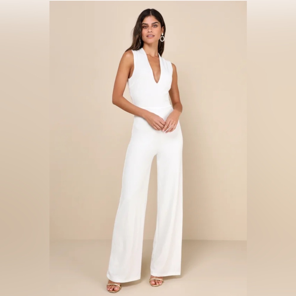 NWT Lulu's Thinking Out Loud White Backless Jumpsuit Plunging V-Neck